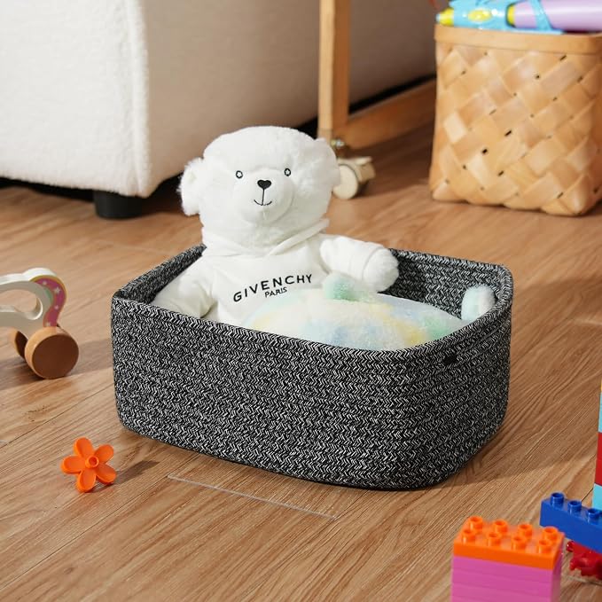 3 Pack Small Storage Baskets for Organizing, 11.8×7.8×5.1", Mixed Black | Woven Baskets for shelves, Cotton Rope Basket for Gifts Empty, Closet Organizer Bins with Handles, Cube Decorative Box