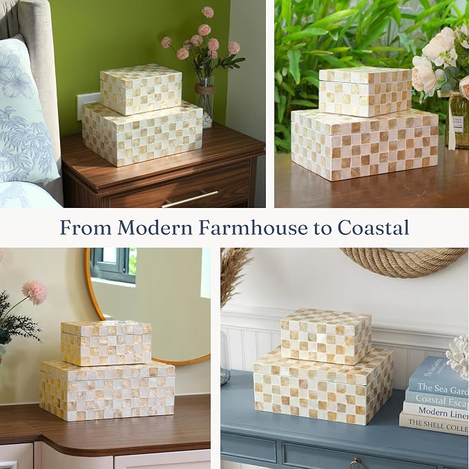 12"x8" Capiz Shell Decorative Boxes with Lids, Ivory, Set 2 | Lidded Storage Keepsake Boxes For Photos, Letters & Jewelry, Decorative Beige Keepsake Trunk, Trinket Boxes For Home Decor