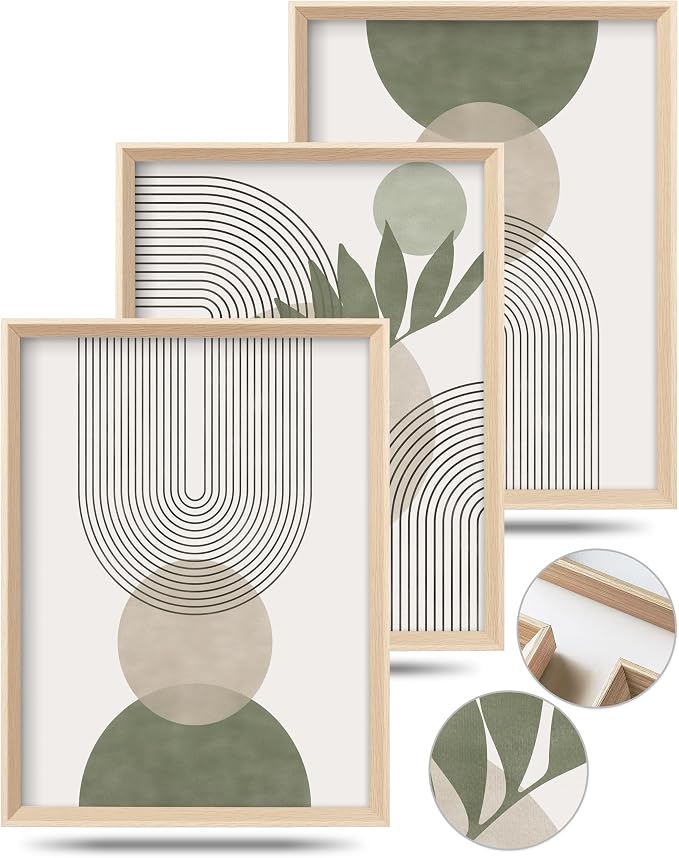 Boho Sage Green Framed Wall Art, Abstract Canvas Prints | 12x16IN Set of 3,High Framed Design Canvas Prints,Minimalist Green Abstract Wall Decor for Living Room Bedroom Gallery Office