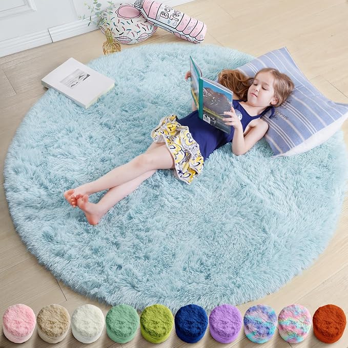 Amdrebio Light Blue Circle Round Rug 5Ft for Bedroom Decor, Soft Shaggy Fluffy Area Rugs for Kids Room Baby Boys Nursery Preppy Dorm Playroom, Cute Plush Fuzzy Sky Blue Carpet for Apartment Classroom