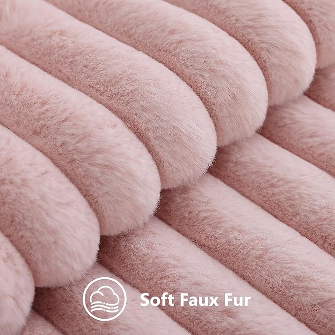 decorUhome Fall Faux Fur Throw Pillow Covers 24x24 Set of 2 Pink | Decorative Soft Cozy Striped Plush Modern Farmhouse Boho Couch Pillow Cases Velvet Back for Sofa Bed Living Room Home Decor