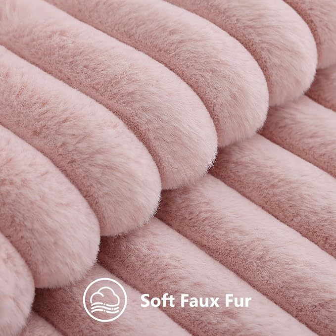 decorUhome Fall Faux Fur Throw Pillow Covers 22x22 Set of 2 Pink | Decorative Soft Cozy Striped Plush Modern Farmhouse Boho Couch Pillow Cases Velvet Back for Sofa Bed Living Room Home Decor