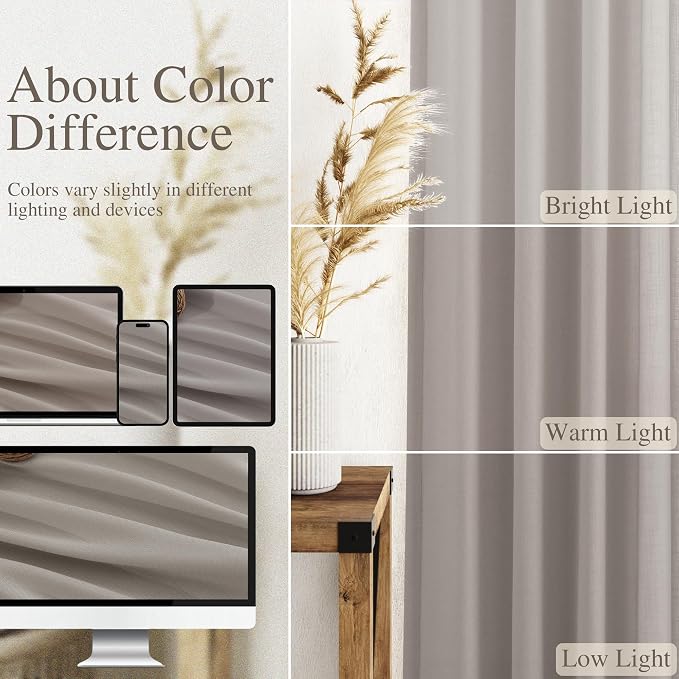 Nanspring Stone Grey Linen Curtains 102 Inches Long for Living Room Simple Modern Light Filtering Semi Sheer Curtain Back Tab and Rod Pocket Neutral Luxury Drapes for Bedroom Office 52x102, 2 Panels