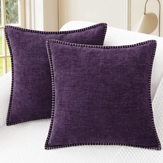 CaliTime Decorative Couch Throw Pillow Covers 22 X 22 Inches Plum Purple | Pack of 2, Cozy Chenille Cushion Cases, Cotton Thread Stitching Edges, for Sofa Bed Living Room Farmhouse