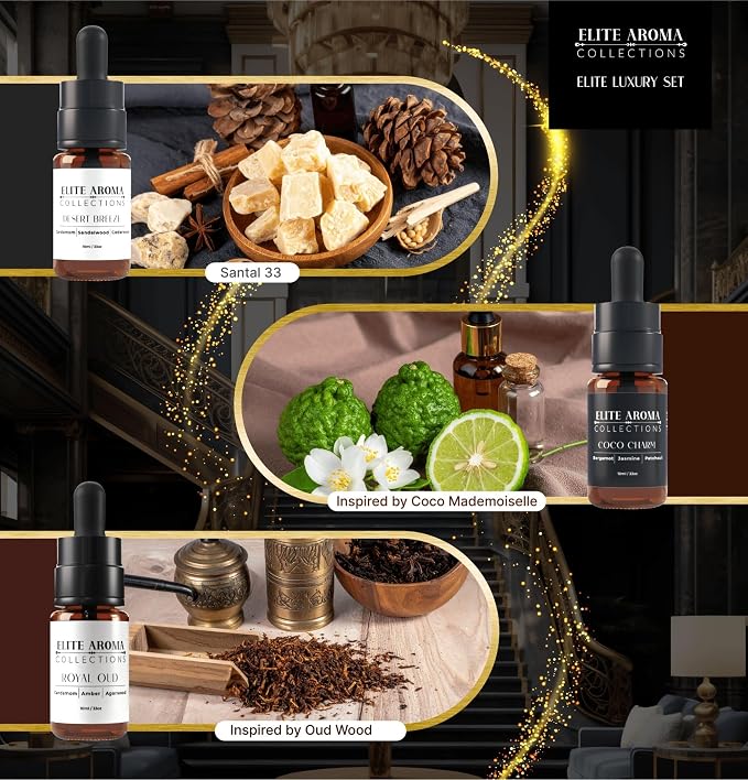 Luxury Hotel Diffuser Oil - Elite Aroma Collection Essential Oils - Coco Charm, Desert Breeze, Royal Oud (3-Pack, 10ml Each) - Premium Hotel-Inspired