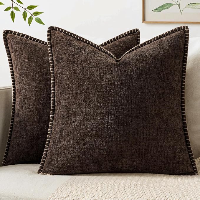 MIULEE Decorative Couch Throw Pillow Covers 18x18 Inch Dark Brown 2 Pack | Farmhouse Pillow Covers with Stitched Edge, Soft Chenille Cushion Cases, for Sofa Bed Living Room Home Decor
