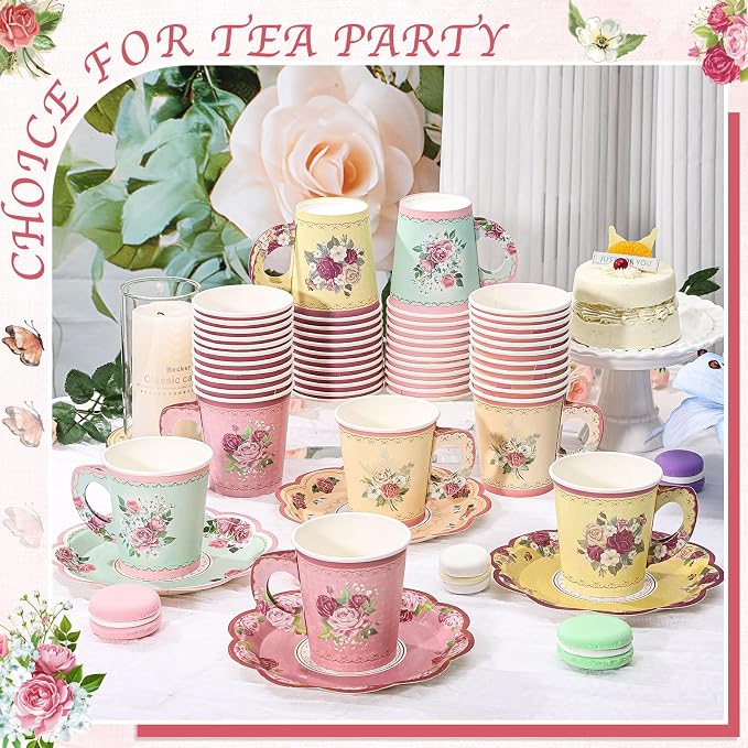 24 Sets Vintage Floral Tea Party Cups 7 OZ Disposable Paper Cups with Handle and Plates Teacups and Saucer Sets for Tea Party Decorations Garden Party Baby Bridal Shower Birthday(Vintage Style)