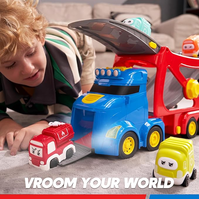 Vroomix Extra Large Toy Trucks for Toddlers, 3-Layer City Trucks for Kids, 7-in-1 Big Transport Carrier Truck with Siren & Lights and 6 Toy Cars, Christmas Birthday Gifts for Boys Girls