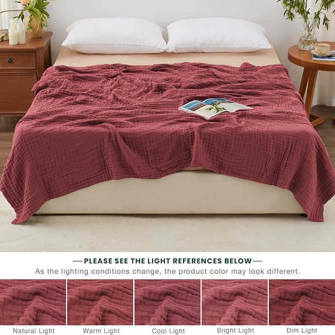 Love's cabin 100% Cotton Muslin Blanket, 6 Layer Lightweight Breathable Gauze Queen Size Blanket 90 x 90 Inches, Soft All Season Blanket for Bed, Wine Red