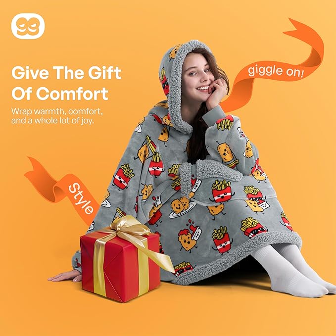Giggling Getup Wearable Blanket Hoodie for Adults Gifts for Teen Girls Sister Women Sherpa Fleece Printed Hooded Blanket Sweatshirt Warm Cozy with Pocket & Sleeves Grey Chicken Nuggets Fries
