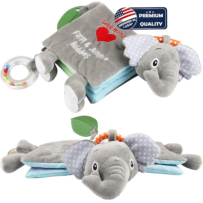 Elephant Touch and Feel Baby Books Toys 0-6 Months, Loveys Crinkle Books for Babies,Infant Toys 6-12-18 Months 1-2 Year Old, Baby Shower Easter Gifts Soft Cloth Book Teething Rattle for Boys Girls