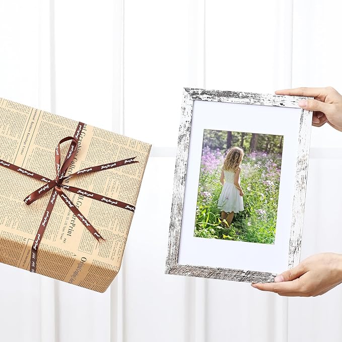 Vittanly 8x12 Picture Frames Set of 9, Wall & Tabletop, Distressed White | Display Pictures 6x8 with Mat or 8x12 without Mat, Engineered Wood with Shatter Resistant Plexiglass, Gallery Photo Frames