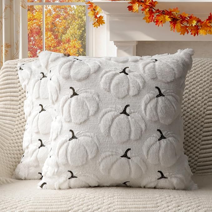 Fall Pumpkins Decorative Pillow Covers 16x16 Set of 2, White Soft Plush Faux Fur Wool Farmhouse Throw Cushion Cases for Autumn Thanksgiving Holiday Home Decorations
