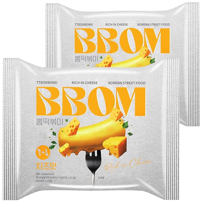 BBOM Instant Korean Tteokbokki Pouch – Cheese Flavor Korean Rice Cakes – Easy Street Food Meal Kit – Includes Tray, Rice Cakes & Powder Sauce, 5.19 oz (147 g) x 2
