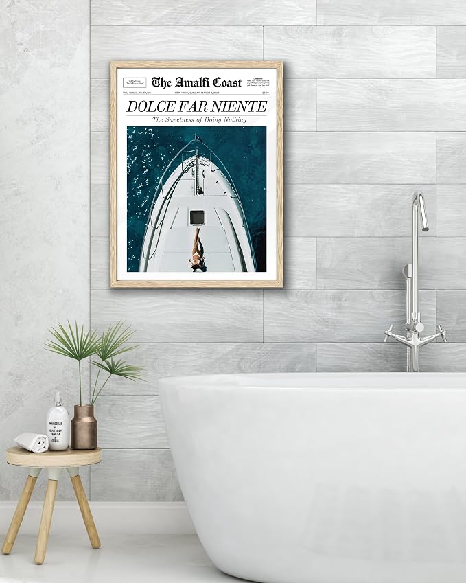 EcoHest 16x20 in Dolce Far Niente Newspaper Framed Wall Art | Solid Oak Wood Frame, Canvas Wall Art, Italian Summer Newspaper Wall Decor for Living Room, Bedroom, Apartment, Dorm, 1Pack