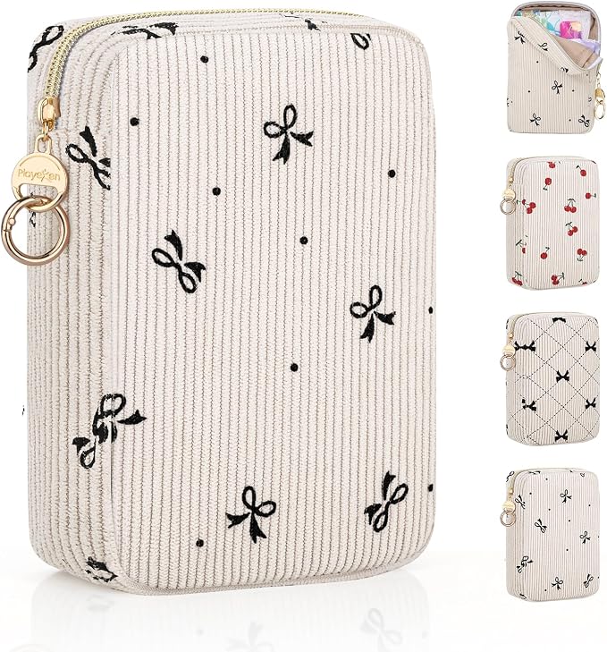 Corduroy Tampon Holder for Purse, Cute Large Period Bag with Ring Buckle, Portable Tampon Bag Organizer Case for Feminine Products (Dots Bow)