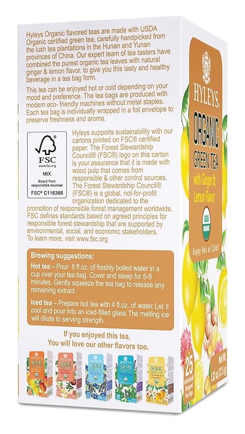 HYLEYS Organic Green Tea, Ginger and Lemon Flavor - 25 Individually Wrapped Tea Bags - USDA Organic - Kosher & Vegan