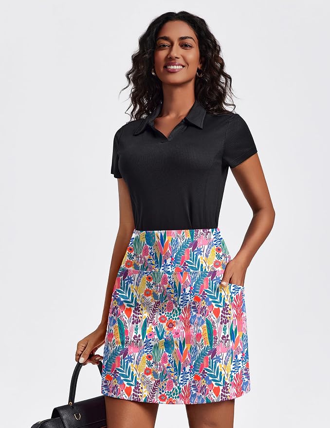 PINSPARK 19" Knee Length Skorts for Woman with Pockets UPF 50+ Golf Skirts | 4 Pockets, Built-in Shorts, High Waisted & Tummy Control, Moisture-wicking for Golf Athletic Tennis Workout Casual