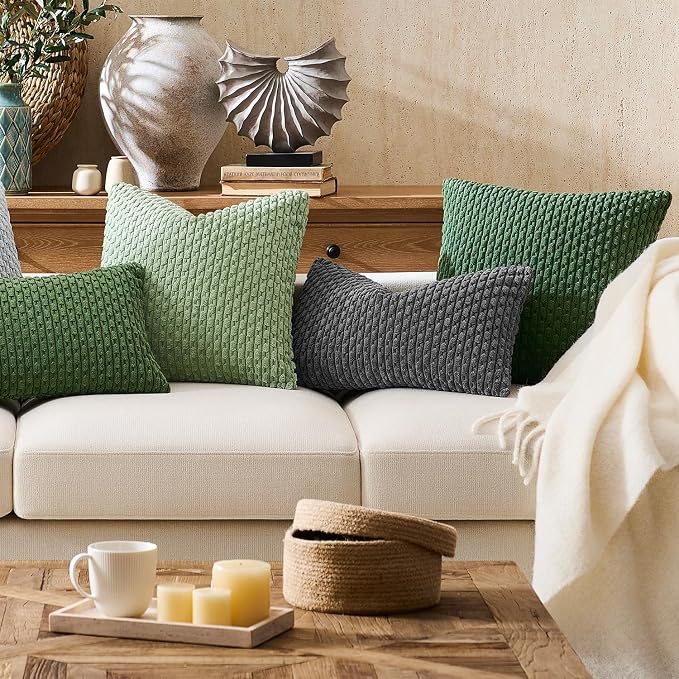 Kevin Textile Soft Corduroy 20"x54" Body Pillow Cover 1 Pack, Dark Green | Boho Stripe Plush Corduroy Decorative Oblong Cushion Cover Modern Farmhouse Home Decor for Sofa Couch Bed Chair