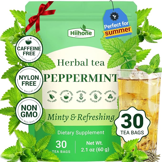 Hiihone Peppermint Tea Bags 30 Count – Pure Peppermint Mint Tea, Caffeine-Free Herbal Tea, Cooling & Refreshing, Non-GMO, Soothing, Supports Digestion & Fresh Breath, Hot or Iced