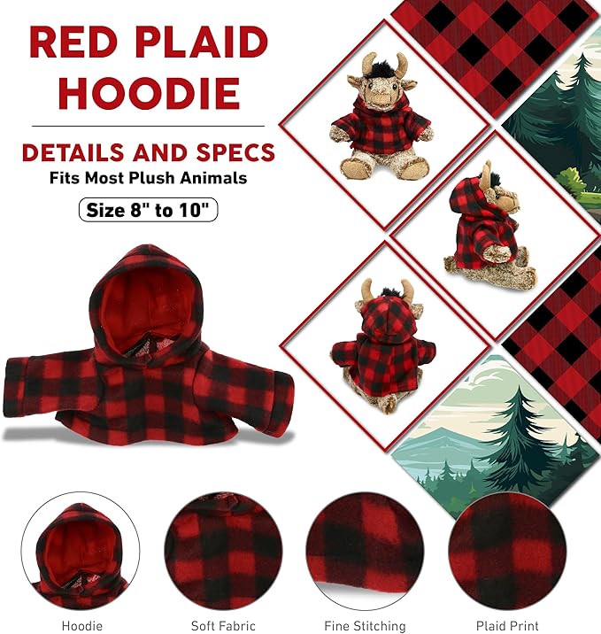 DolliBu Red Hoodie Plaid Jacket Teddy Bear Clothes - Cute Red Long Sleeve Shirt Plaid Flannel Sweater For Teddy Bear, Stuffed Animal Dress Up Lumberjack Costume, Plush Toy Clothing Accessories - Large
