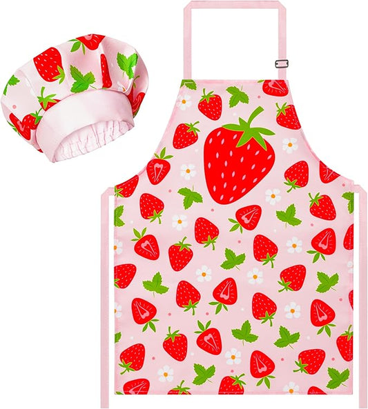 R HORSE Kid Apron and Chef Hat Set - 2Pcs Strawberry Adjustable Children Kitchen Toddler Apron for Girls Role Play Chef Toy Cooking Gift Birthday Gift for Kids Cooking Baking Painting and Training