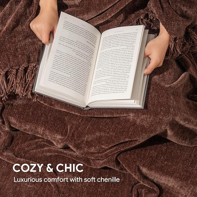 RECYCO Chenille Throw Blanket for Couch, 50"x60", Brown | Super Soft Knit Throw Blanket with Fringe Tassels, Lightweight Knitted Throw, Cozy, Ideal for Sofa Chair Bed Living Room Gift