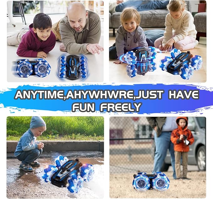 YEMIAI Remote Control Car, 2.4 Ghz 4WD Gesture Sensing RC Stunt Car, Double Sided 360° flip, with Cool Lights and Music, Birthday Present Toys Car for Boys SND Girls Aged 5-12 (Blue)
