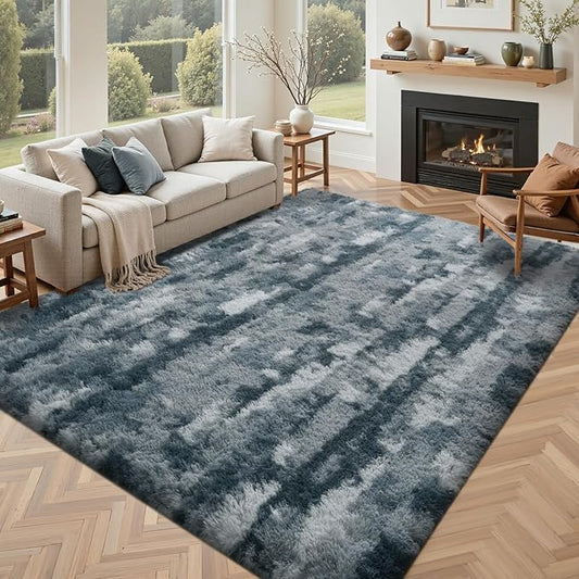 4x6 Feet Area Rugs for Bedroom, Grey and Blue Plush Fluffy Shaggy Living Room Rugs Non-Slip, Ultra Soft Carpet for Nursery Kids PlayRoom Dorm Office Indoor