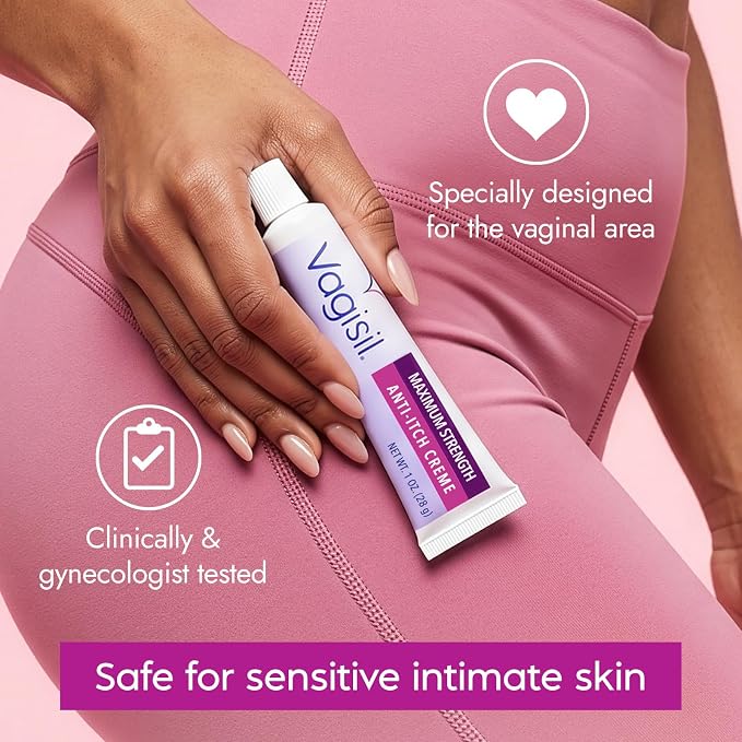Vagisil Maximum Strength Feminine Anti-Itch Cream with Benzocaine for Women, Helps Relieve Yeast Infection Irritation, Gynecologist Tested, Fast-Acting, Soothes and Cools Skin, 1 oz