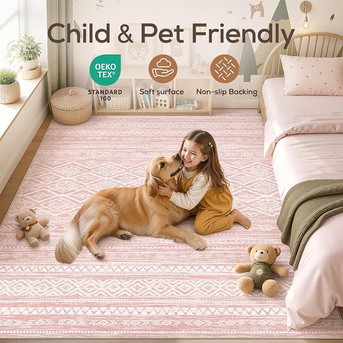 Nakagishi Area Rug Living Room Rugs: 10x12 Large Soft Machine Washable Boho Moroccan FarmNeutral Stain Resistant Indoor Floor Carpet for Bedroom Under Dining Table Home Office Decor-Pink
