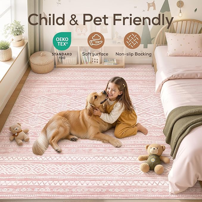Nakagishi Area Rug Living Room Rugs: 5x7 Large Soft Machine Washable Boho Moroccan FarmNeutral Stain Resistant Indoor Floor Carpet for Bedroom Under Dining Table Home Office Decor-Pink