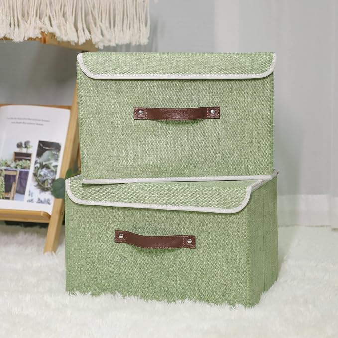 ANMINY Fabric Storage Box Bins with Lids, Green, 13"x9"x7.9", 4 Pack | Keepsake Memory Storage, Cotton Linen, PP Board Reinforced, Washable, PU Handles, Foldable & Stackable, Decorative, Medium