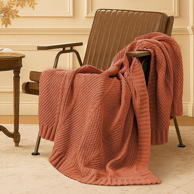 Knit Throw Blanket, Soft Chenille Cozy Breathable Chevron Chunky Decorative Blanket for Couch, Bed & Sofa, French-Inspired Lightweight Warm Gift for Women, Orange, 50"x60"