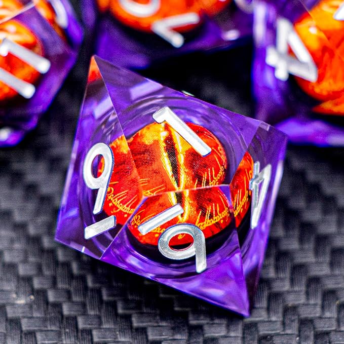 ARUOHHA DND Resin Dice Gazes Eye Dice Silver Purple Liquid Core Flaming RPG Sharp Edged Dice Set with Gift Box, Polyhedral D and D Dice Set Compatible with Dungeons Dragons Role Playing Game D20 D6