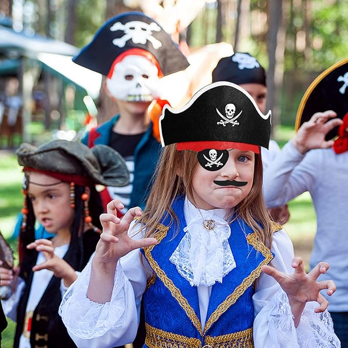 Halatool 6 Set Pirate Accessories for Kids, Include 6 Felt Pirates Hats with 6 Eye Patches and 6 Mustaches, Pirate Costume Accessories for Halloween, Masquerade, Cosplay, Party Favors Decor
