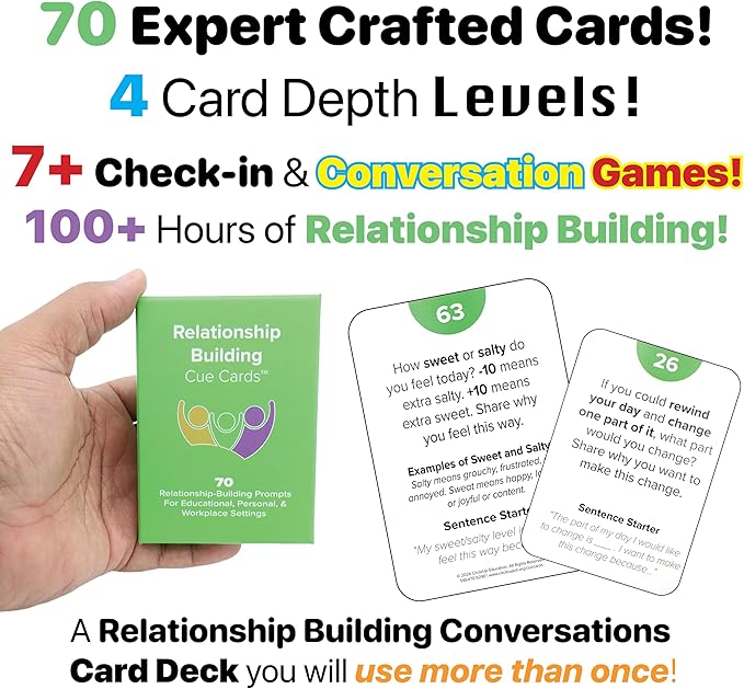 Relationship Building CUE Cards - Conversation Starter Question Game to Deepen Connection - 70 Educator & Therapist Chosen Cards with Conversation Starter Questions & Sentense Starters