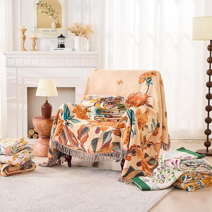 XIBLC Boho Throw Blanket for Bed, 100% Cotton Soft Rustic Quilt Fall Blanket, 90"x98" Floral Printed Farmhouse Decor Bed Blankets, All Season Rustic Reversible Bohemian Throw Quilt