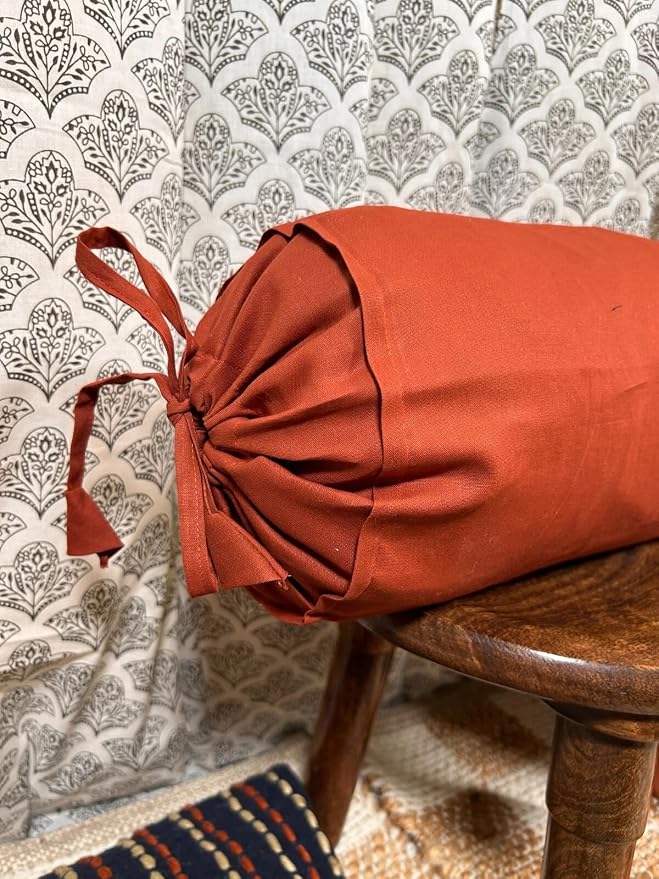 Cylindrical Pillow Bolster Cover Cervical Neck Roll Cotton Pillowcase with Drawstring Closure Neck Cushion Cover 6" x 18" (15 x 45 cm) Rust