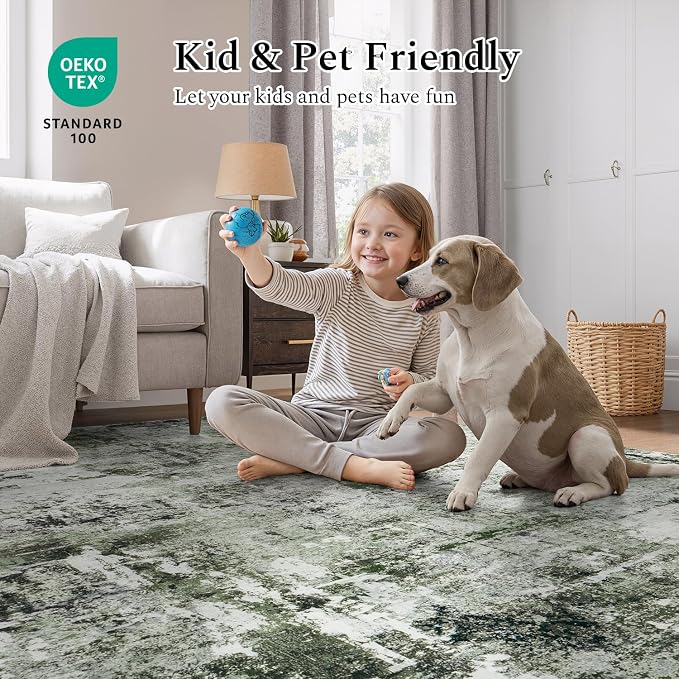 Rugflix 8x10 Area Rugs for Living Room, Washable Dark Green Large Rug | Machine Washable; Stain-Resistant; Low Pile; Non-Slip; Modern Abstract; Carpet for Bedroom Dining Office Nursery Home