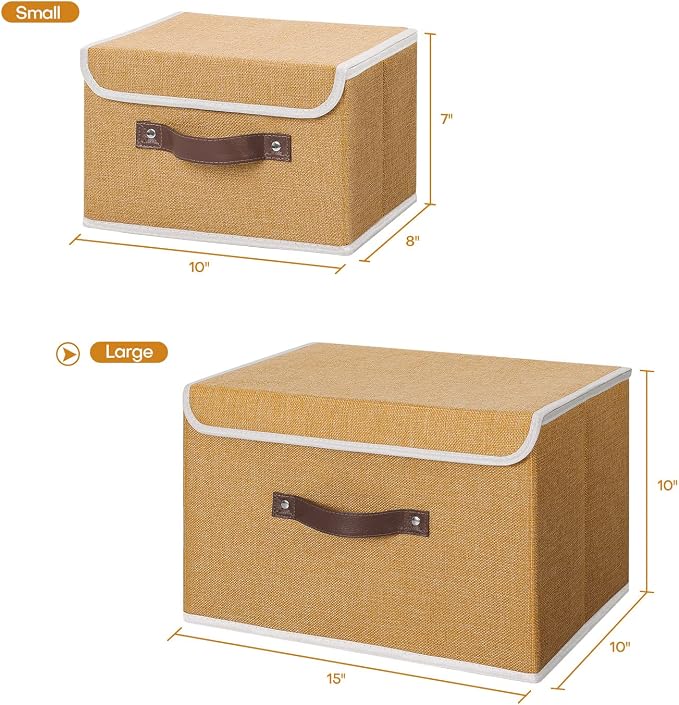 ANMINY Fabric Storage Box Bins with Lids, Khaki, 15"x10"x10", 4 Pack | Keepsake Memory Storage, Cotton Linen, PP Board Reinforced, Washable, PU Handles, Foldable & Stackable, Decorative, Large