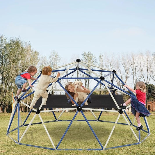 Climbing Dome,10FT Dome Climber with Hammock, Outdoor Jungle Gym for Kids, Supports Jungle Gym up to 1,000 lbs, Rust Resistant, Easy to Assemble, Gift for Kids, Blue+White