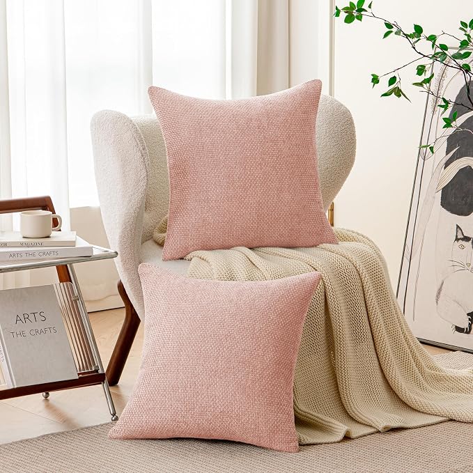 a moment Pink Chenille Throw Pillow Covers 16x16 Inch Pack of 2 Modern Decorative Throw Pillow Covers Farmhouse Cross Covers Home Decor for Sofa Bedroom Living Room