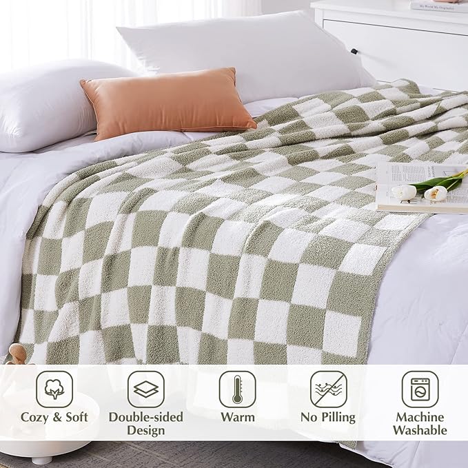 Soft Checkered Throw Blanket for Couch-Cozy Warm Knitted Blankets | Lightweight Warm Fluffy Decor for Women, Mom, Her & Girls, Sofa, Chair, Bed, 50x60in, Sage Green