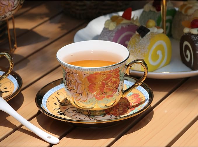 20 Pieces Porcelain Tea Set With Metal Holder, European Ceramic tea set for adults,Flower Tea Set,Tea Set For Women With Flower Painting (Large version, Deep yellow)