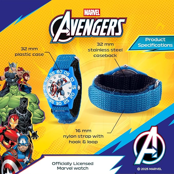 Marvel Superhero 2-Pack Watch Set for Kids Ages 4–7 – Featuring Captain America Shield and Hulk Dial Designs – Blue and Black Bezels with Matching Nylon Straps – GET 2 Mystery Bonus Watches