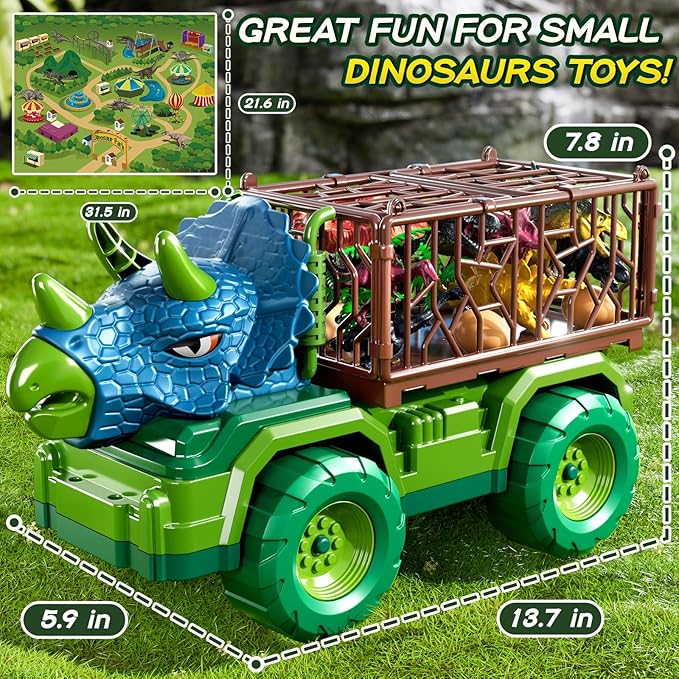 Dinosaur Cars Truck Toys for Kids 3-5 with 8 Dinosaur Figures, Activity Play Mat, Dinosaur Egg, Trees, Jurassic Play Set for Boys and Girls Ages 5-7