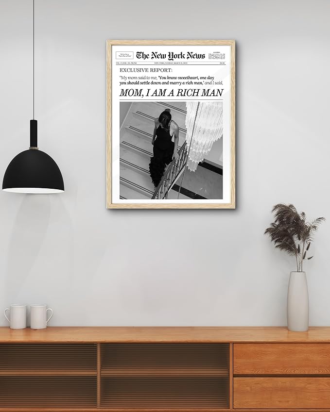 EcoHest 16x20 in Mom I Am a Rich Man Newspaper Framed Wall Art | Solid Oak Wood Frame with Canvas Wall Art, Girly Fashion Magazine Decor for Bedroom, Apartment, Dorm, College Room, 1Pack