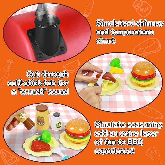 2025 Kids Kitchen Playset Toy Grill BBQ with Smoke Light Outside Pretend Play Food Toys Cooking Set 2-Layer Barbecue Gifts for Toddler Boys Girls 3-5 6 7 8