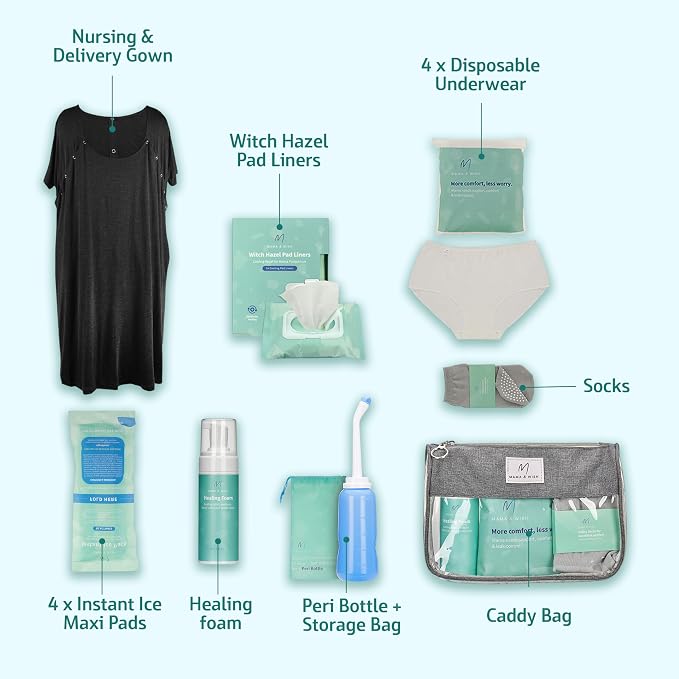 Mama & Wish Postpartum Essentials Kit (14-Piece) - Includes Hospital Post Partum Essentials for Women After Birth, Labor and Delivery Gown, Peri Bottle, Witch Hazel Foam, Pad Liners & More